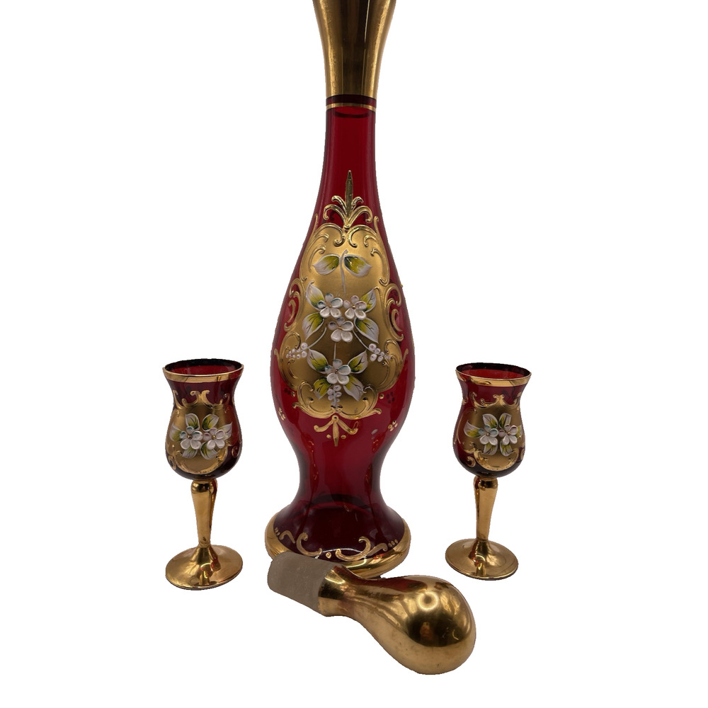 Vintage RED Tre Fuochi Murano Venetian Glass Aperitif Set gold Plated Italy